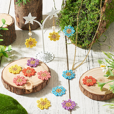 10Pcs 5 Styles Glass Seed Beaded Flower Pendants PALLOY-TA00388-1