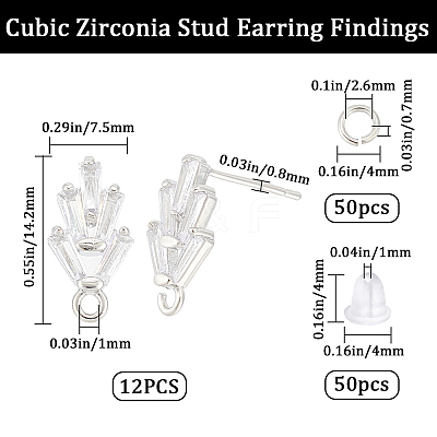 6 Pairs Leaf Shape Brass Cubic Zirconia Stud Earring Findings KK-CN0003-20P-1