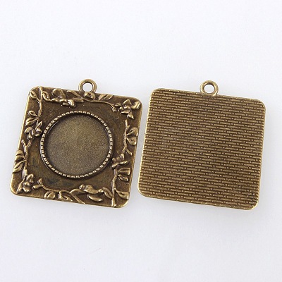 Vintage Tibetan Style Alloy Square Carved Branch Pendant Cabochon Bezel Settings TIBEP-M018-17AB-NF-1