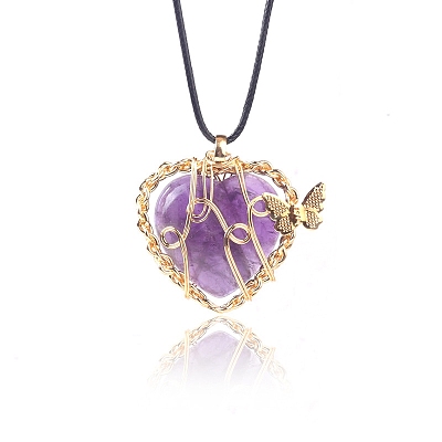 Natural Amethyst Metal Wire Wrapped Heart Pendants PW-WG13885-05-1