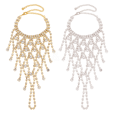 2Pcs 2 Colors Crystal Rhinestone Chain Tassel Ring Bracelets Set BJEW-AN0001-19-1