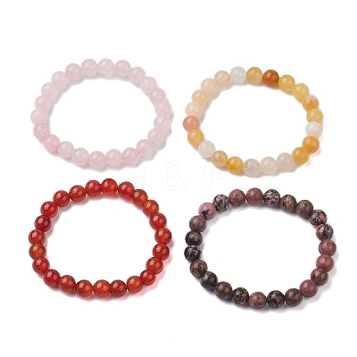 4Pcs Constellation 8mm Round Natural Rhodonite & Rose Quartz & Dyed Jade & Carnelian Beaded Stretch Bracelets for Women BJEW-JB10642-1