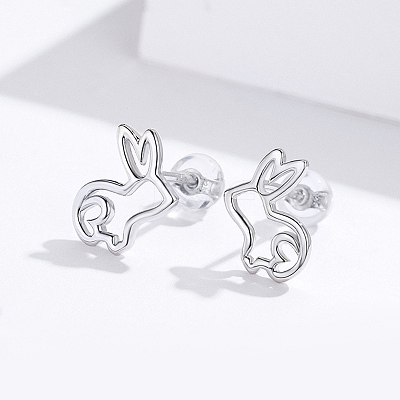 Anti-Tarnish Rhodium Plated 925 Sterling Silver Bunny Stud Earrings EJEW-FF0009-08P-1