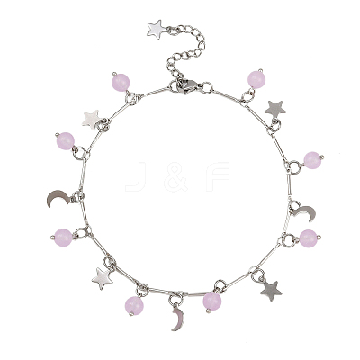 3Pcs 3 Colors 201 Stainless Steel Moon Star & Natural Dyed Malaysia Jade Round Charm Brass Bar Link Chain Anklets AJEW-AN00732-1