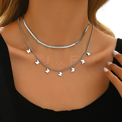 201 Stainless Steel Double Layer Butterfly Tassel Necklaces for Women MM9715-1