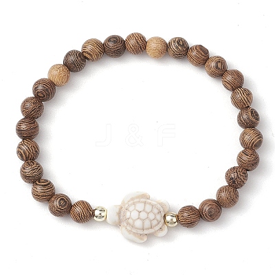 Summer Beach Turtle Dyed Synthetic Turquoise & 6.5mm Round Wenge Wood Beaded Stretch Bracelets for Women BJEW-JB10515-02-1