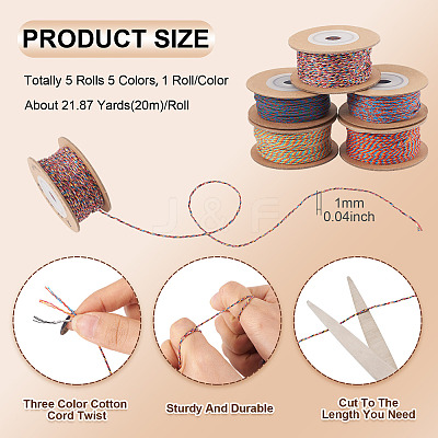 5 Rolls 5 Colors 18-Ply Cotton Twisted Cord OCOR-TA0003-86-1