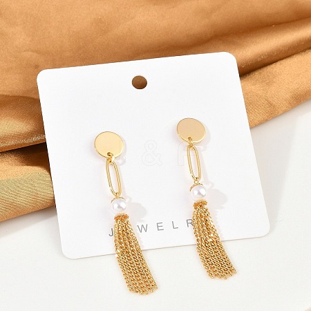 Brass ABS Plastic Pearl Tassel Stud Earrings EJEW-U040-10G-1