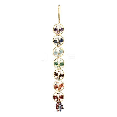 Ring with Butterfly Brass & Chakra Natural Gemstone Chips Pendant Decorations HJEW-Z007-02G-1