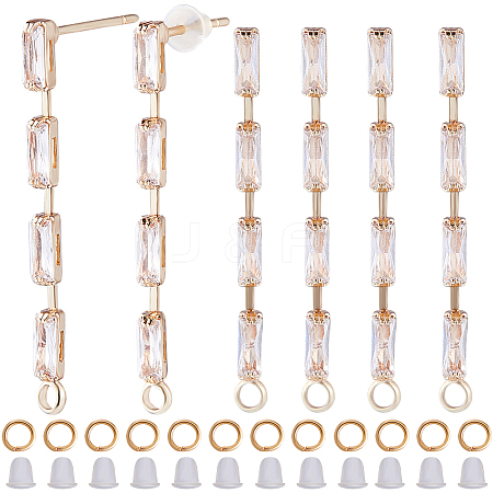 6Pcs Brass Pave Clear Cubic Zirconia Rectangle Tassel Stud Earring Findings DIY-CN0002-77-1