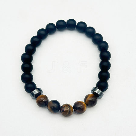 8mm Round Naturla Tiger Eye & Synthetic Non-magnetic Hematite & Frosted Natural Obsidian Beaded Stretch Bracelets for Women Men UP4024-4-1