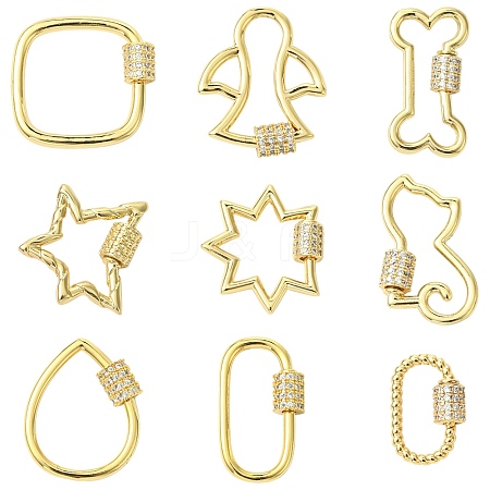 9Pcs 9 Styles Brass Micro Pave Clear Cubic Zirconia Screw Carabiner Lock Charms KK-CJ0004-25-1