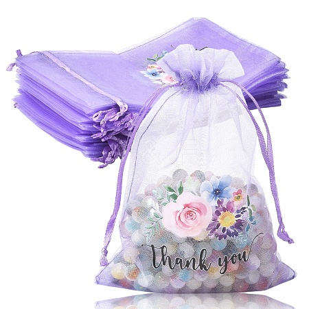 20Pcs Thank You Flower Printed Organza Drawstring Bags OP-YW0001-04B-1