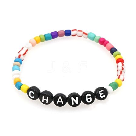 Glass Seed Stretch Bracelet with Acrylic Word Change for Women BJEW-BB727272725-A-1