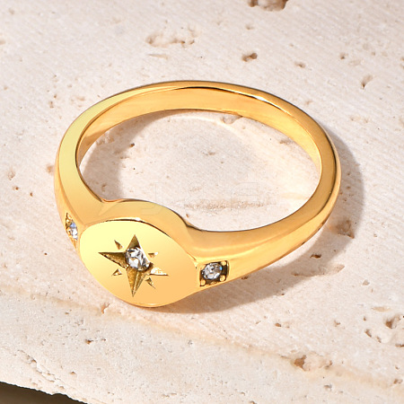 Flat Round with Star Pattern 304 Stainless Steel Micro Pave Clear Cubic Zirconia Finger Rings FS-WG7CEF6-02-1