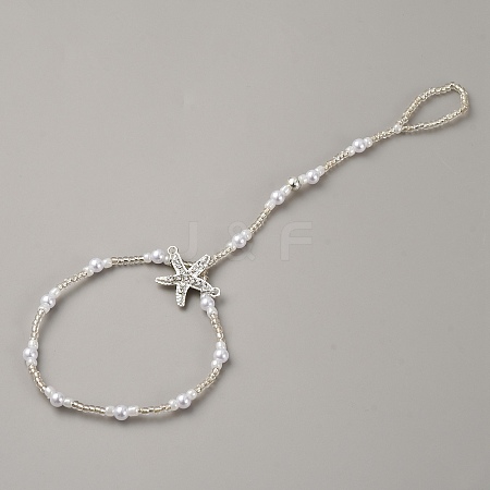 Bohemian Alloy Starfish Charm Glass Seed Beads and Plastic Imitation Pearl Beaded Toe Ring Stretch Anklets for Women AJEW-WH0270-834B-1