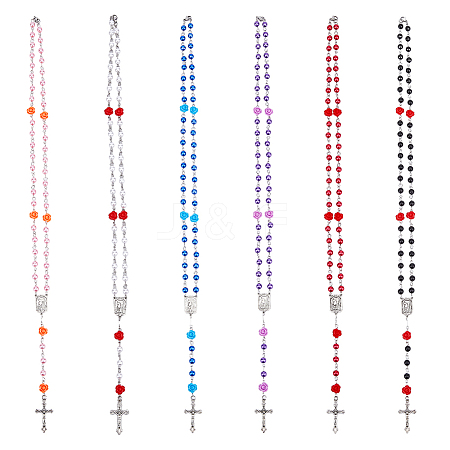 6Pcs 6 Color Imitation Pearl Acrylic & Resin Rose Rosary Bead Necklaces Set NJEW-AB00031-1