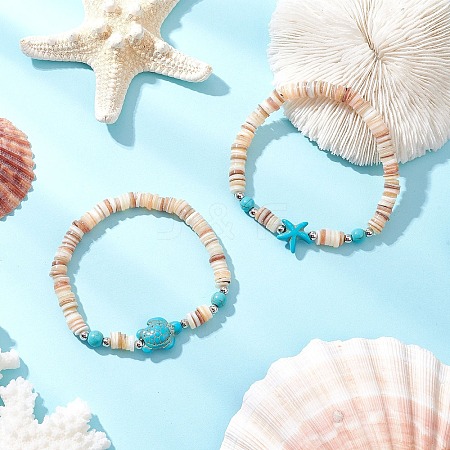 2Pcs Starfish & Tortoise Natural Freshwater Shell with Synthetic Turquoise Beads Stretch Bracelets for Men Women BJEW-JB11745-1