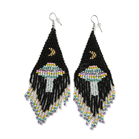 Boho Seed Bead Mushroom Tassel Earrings EJEW-Q380-06-1