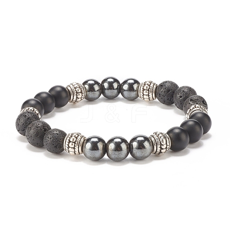 Natural Lava Rock & Synthetic Black Stone & Hematite Stretch Bracelet BJEW-JB08169-1