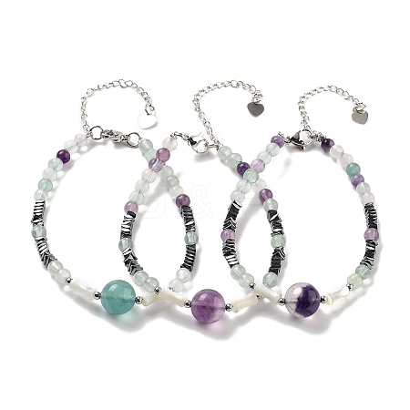 Natural Fluorite Round & Synthetic Non-magnetic Hematite & White Shell Beaded Bracelets for Women BJEW-K251-02B-1