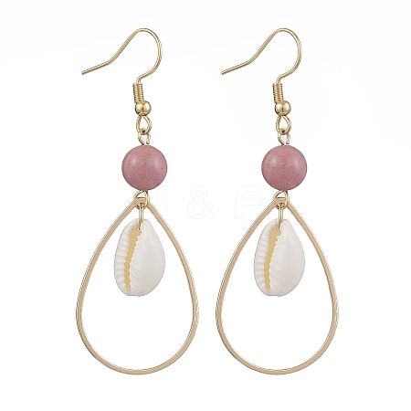 Brass with Natural Cowrie Shell with Natural Rhodonite Dangle Earring EJEW-JE06053-1