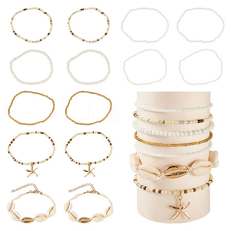 2 Bags Summer Beach Glass Seed Beaded & Natural Shell & Alloy Starfish Charm Anklet Sets AJEW-TA0003-69F-1