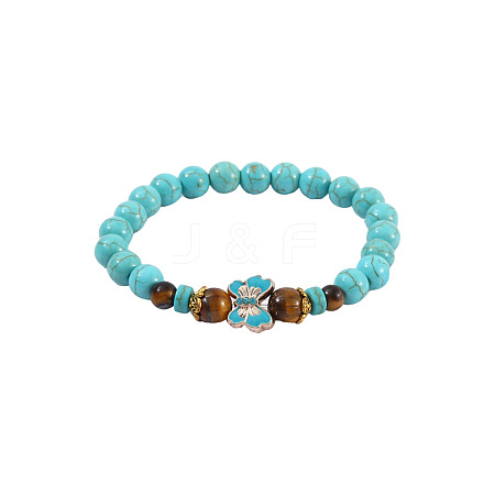 Synthetic Turquoise & Natural Tiger Eye Round Beaded Stretch Bracelets FS-WGB9D7B-05-1