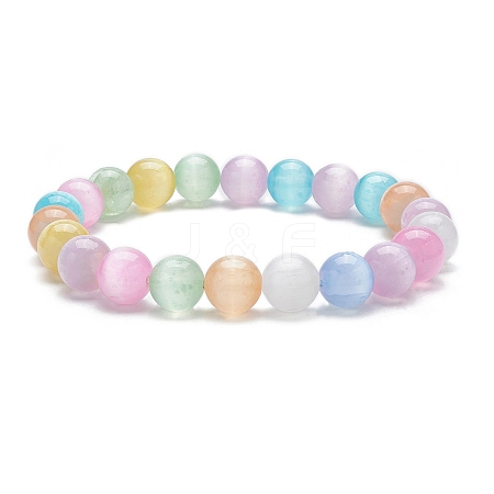 Dyed Natural Selenite Round Beaded Stretch Bracelet BJEW-JB09411-02-1