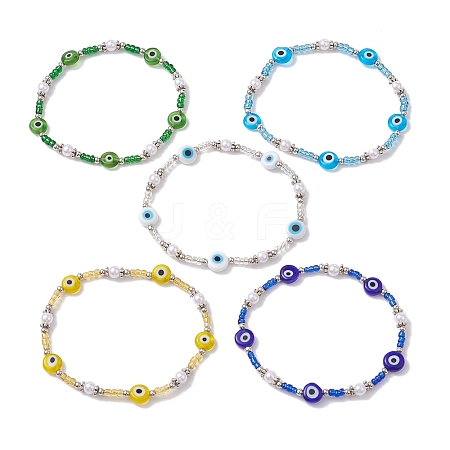 Evil Eye Lampwork & Glass Seed Beaded Stretch Bracelet BJEW-JB10180-1