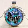 Butterfly Pattern Flat Round Glass Pendant Necklaces NJEW-N0051-008C-02-1