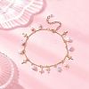 3Pcs 3 Styles Natural Aquamarine & White Moonstone & Green Aventurine Chip & Round Shell Pearl Cross Tassel Anklets AJEW-AN00716-4