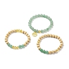 3Pcs 3 Style Natural Green Aventurine & Glass & Wood Stretch Bracelets Set with Brass Tree Charm BJEW-JB08352-4