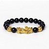 Golden Plated Alloy Pi Xiu 8MM Natural Black Onyx(Dyed & Heated) Round Beaded Stretch Bracelet for Men QJ0349-1-1