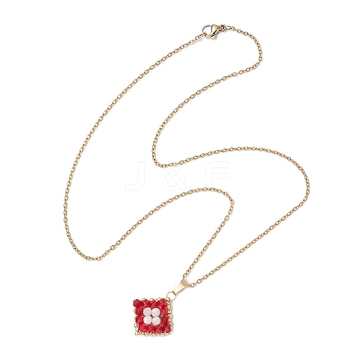 Natural Rainbow Moonstone and Handmade Glass Beaded Rhombus Pendant 304 Stainless Steel Cable Chain Necklaces NJEW-MZ00124-02-1