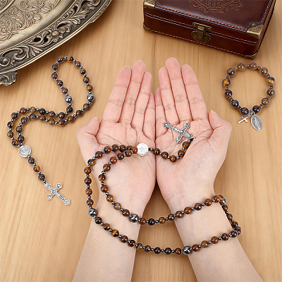 3Pcs Synthetic Hematite & Natural Tiger Eye Bracelets & Necklaces Sets SJEW-UN00006-1