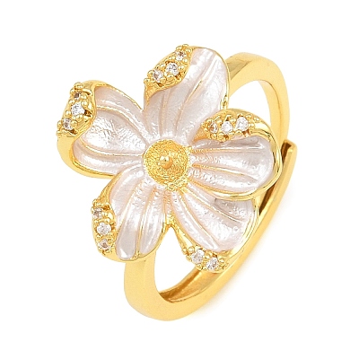 Flower Brass Micro Pave Cubic Zirconia & Enamel Cuff Ring Settings KK-CBAC351-06G-02-1