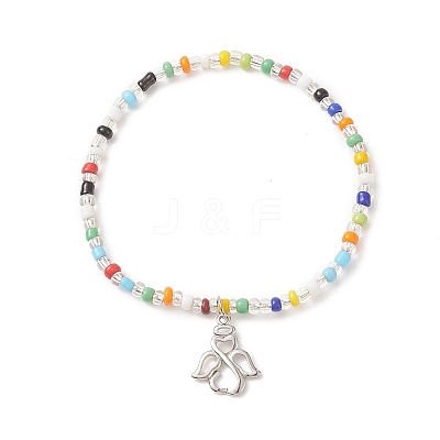 Colorful Seed Beaded Stretch Bracelet with Brass Charms for Women BJEW-JB09218-03-1