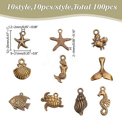 100Pcs 10 Styles Ocean Series Tibetan Style Alloy Pendants FIND-AR0005-86-1