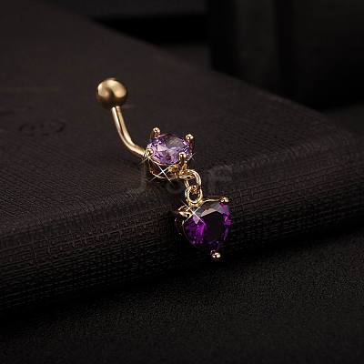 Real 18K Gold Plated Brass Rhinestone Heart Navel Ring Belly Rings AJEW-EE0001-56C-1