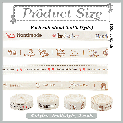 4 Rolls 4 Styles Cotton Handmade Printed Ribbon OCOR-NB0002-08-1