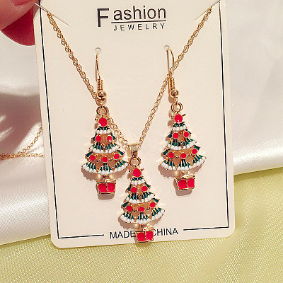 Christmas Tree Alloy Enamel Pendant Necklaces & Dangle Earrings Sets WG2E782-01-1