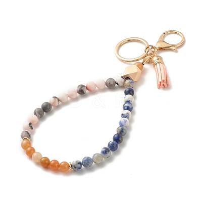 Wood & Gemstone Beaded Bracelet Wristlet Keychains KEYC-JKC00299-1