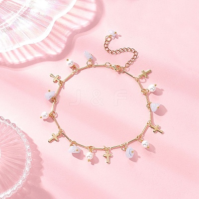 3Pcs 3 Styles Natural Aquamarine & White Moonstone & Green Aventurine Chip & Round Shell Pearl Cross Tassel Anklets AJEW-AN00716-1
