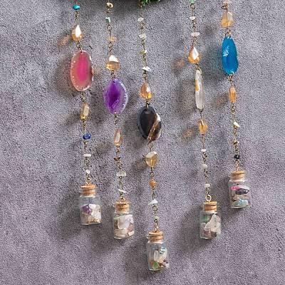 7 Chakra Natural & Synthetic Gemstone Chips Wreath Hanging Suncatchers HJEW-F023-04-1