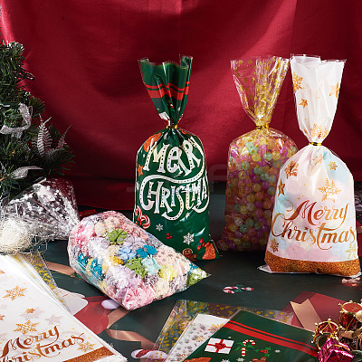 100Pcs 4 Styles Christmas Theme OPP Cellophane Candy Packaging Bags ABAG-TA0002-08-1