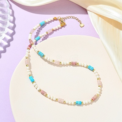 Natural Rose Quartz & Dyed Howlite & Rhodonite Heishi Beads and Natural Cultured Freshwater Pearl Rice Beaded Necklaces for Women NJEW-JN06294-01-1
