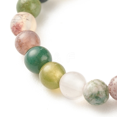 Natural Indian Agate Round Beaded Stretch Ring with Moonstone RJEW-JR00440-05-1
