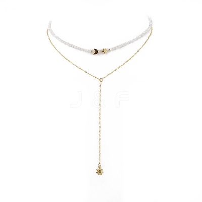 Brass Moon & Star Charms Double Layer Necklace NJEW-JN04142-1