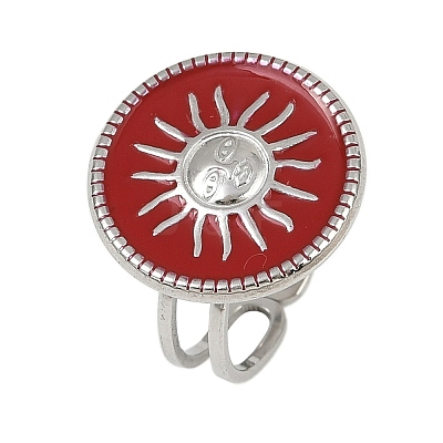 Flat Round with Sun Pattern 304 Stainless Steel Enamel Finger Rings for Women RJEW-G355-05P-02-1